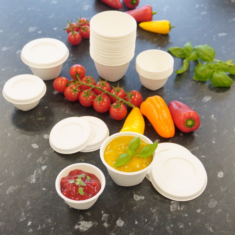 2oz Bagasse Sauce Pots with Lids
