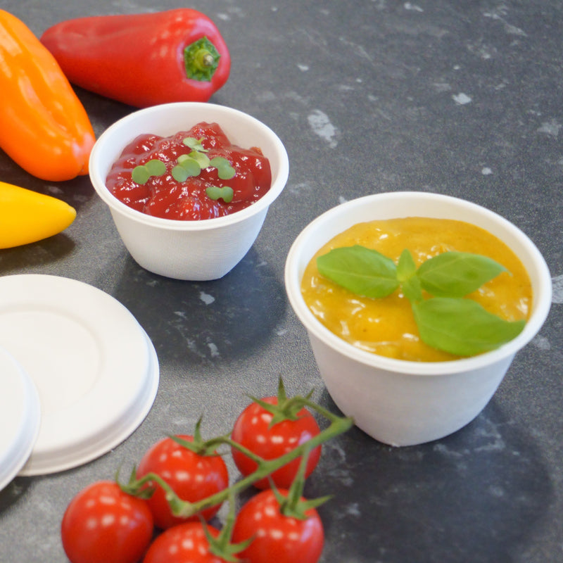 2oz Bagasse Sauce Pots with Lids